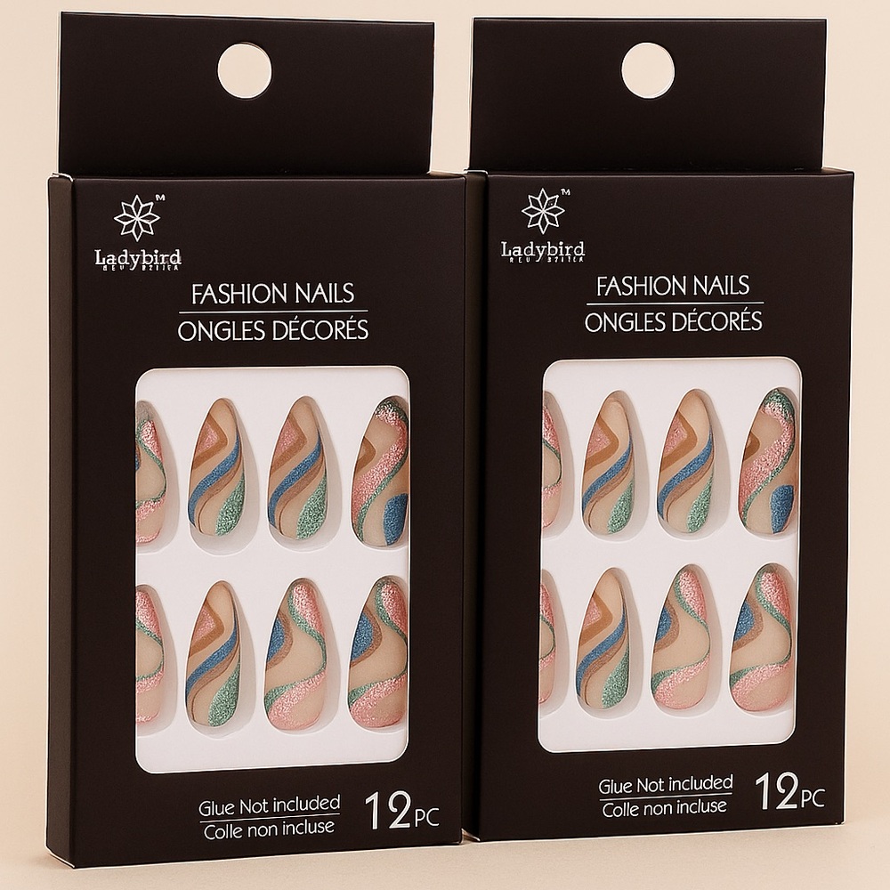 Multicolor Swirl Press-On Nails – Almond Shaped,Pink, Blue,Green,Tan (Set of 2)